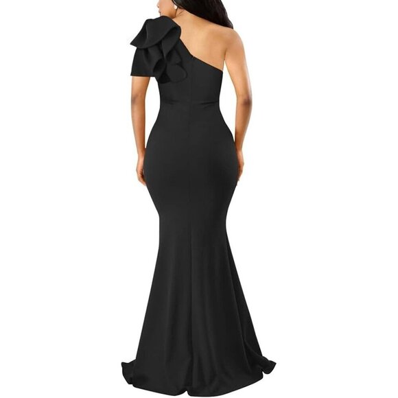 ✨Women's Black Sexy Sleeveless One Shoulder Ruffle Evening Long Formal Dress - Picture 2 of 6